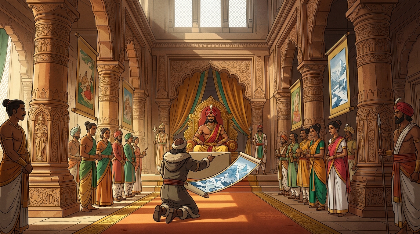 In the opulent spring court of Ujjayini, Vikramaditya receives a petition from a travelling artist