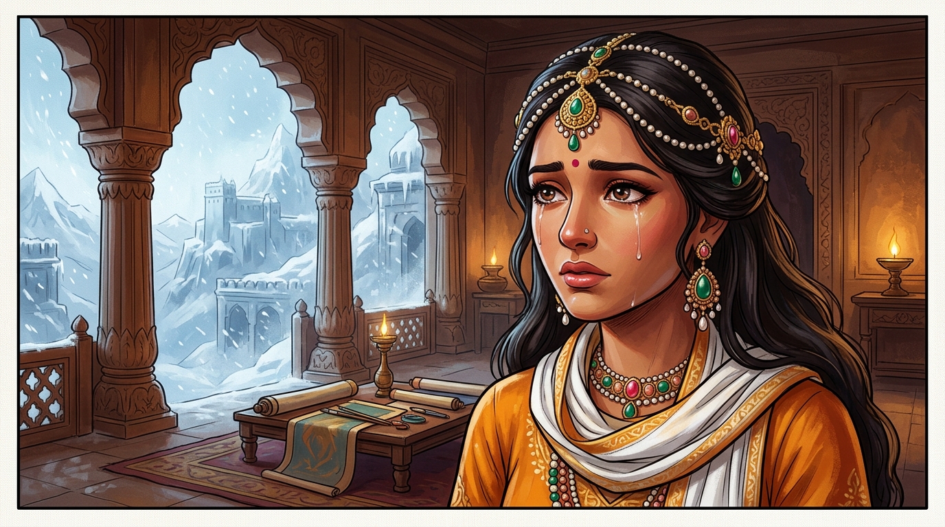 Close-up of the painted princess, radiating celestial beauty with soft tears glistening
