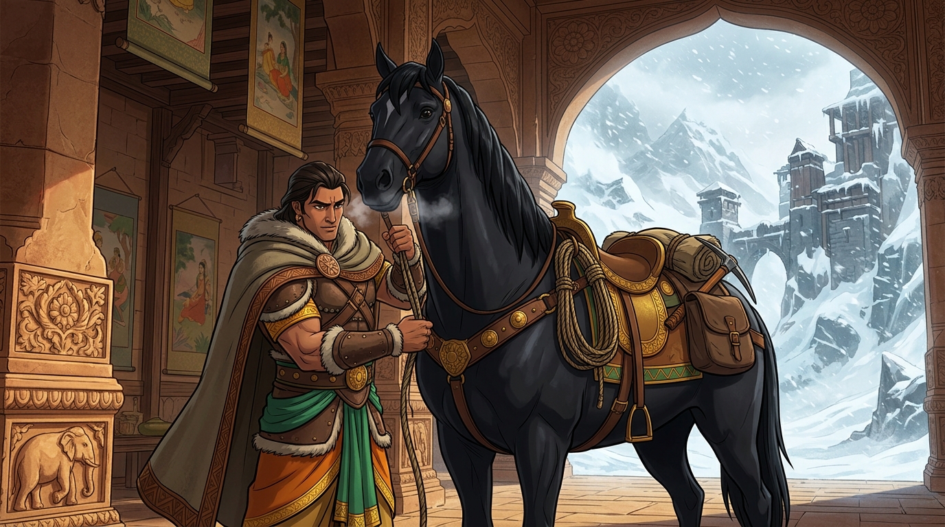 Vikramaditya dons fur-lined leather armor, saddling his black warhorse Meghavarna