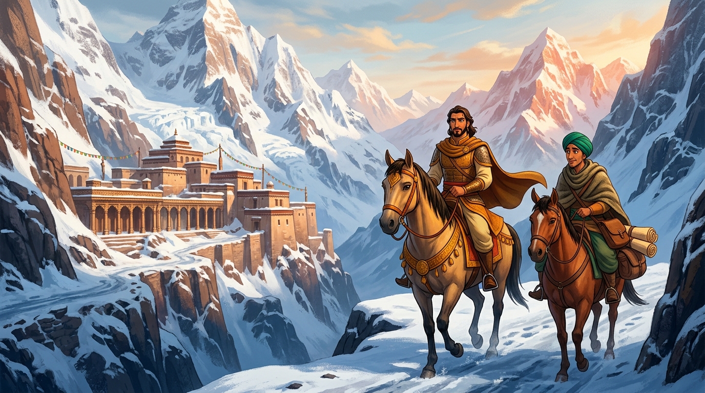Vikramaditya and the painter ride into the towering snow-covered mountain peaks