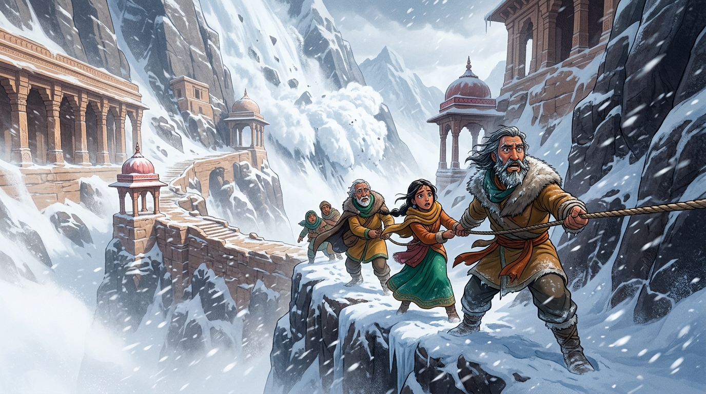 A ferocious mountain blizzard strikes; fierce icy winds threaten to sweep them off the cliff