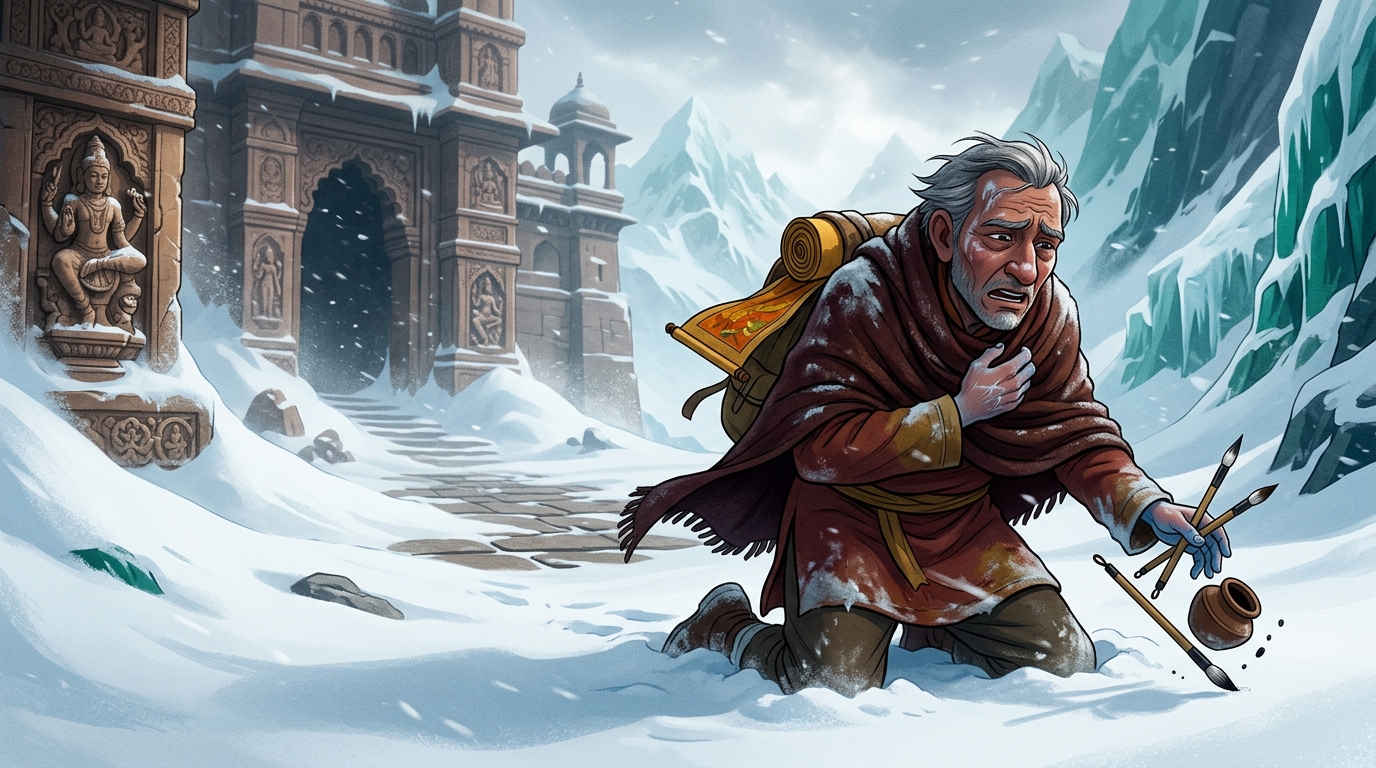 The painter collapses into the deep snow, shivering with frostbite and altitude sickness