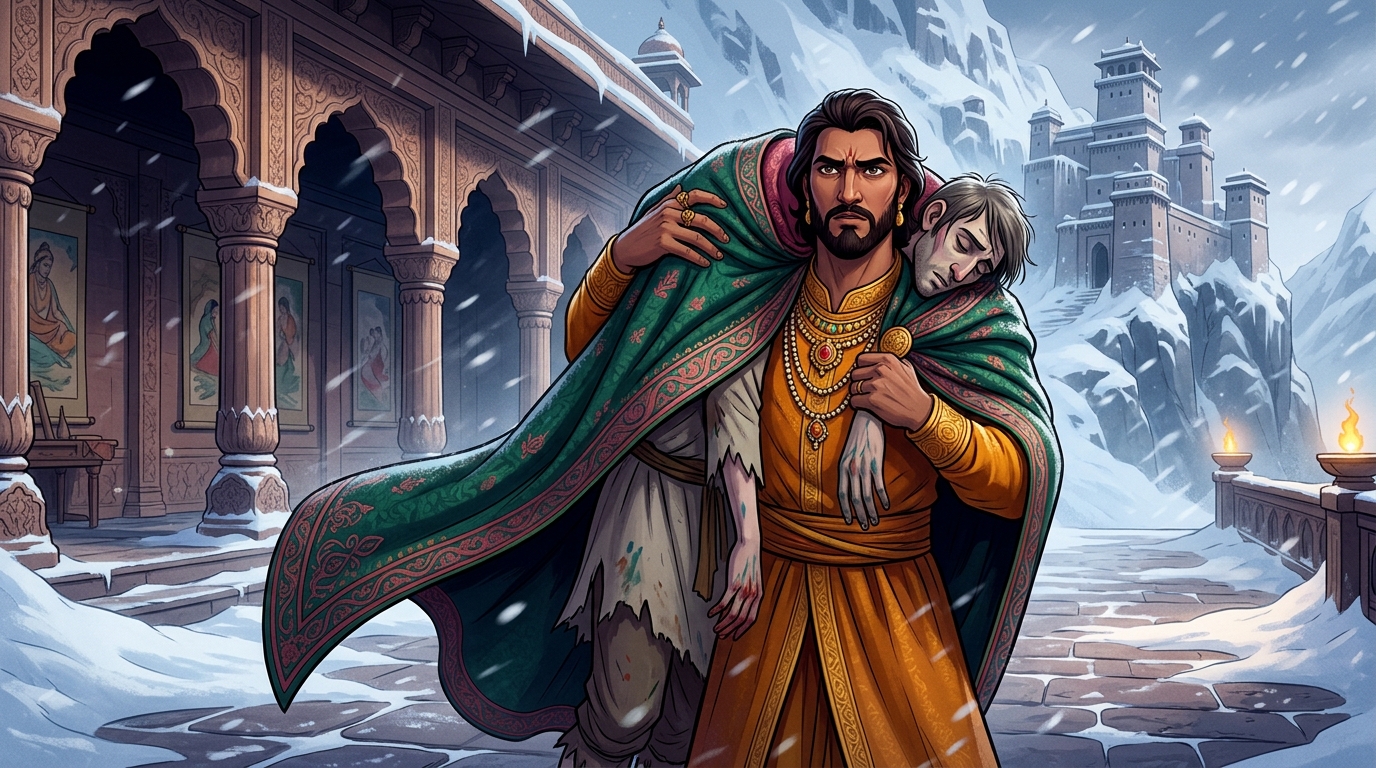 Vikramaditya wraps his own royal wool cloak around the painter, lifting him onto his shoulders