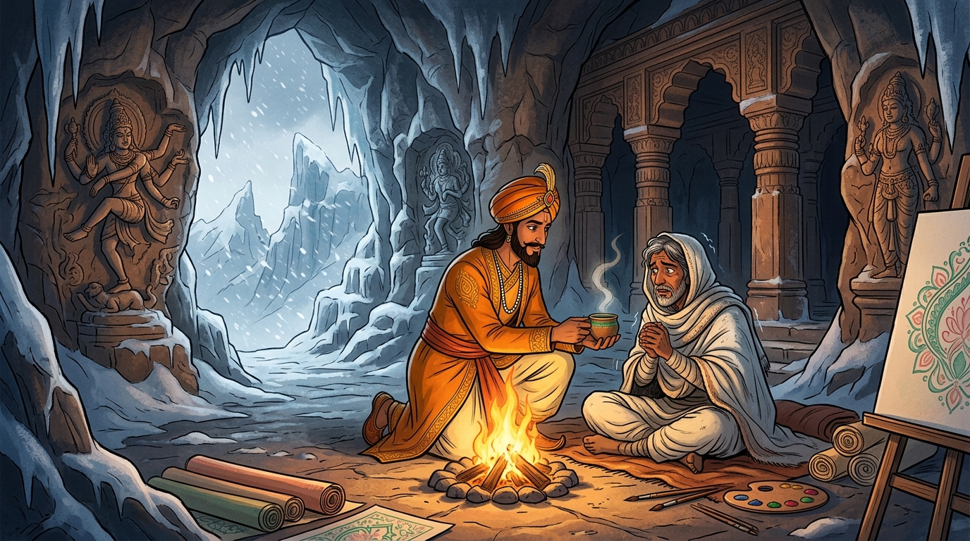 Inside an ancient frozen Shiva rock cave, Vikramaditya kindles a campfire
