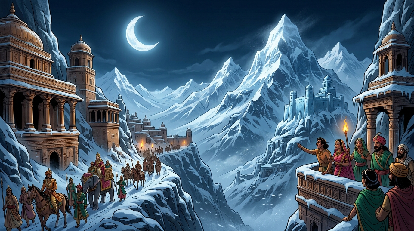 Under the silver moon, the jagged peaks of Mount Himavanta gleam in cold menacing beauty