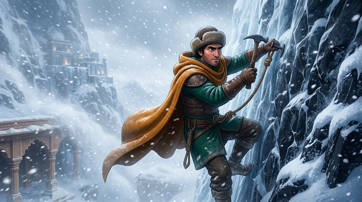 Vikramaditya scales the frozen vertical ice cliff using iron pitons and ropes