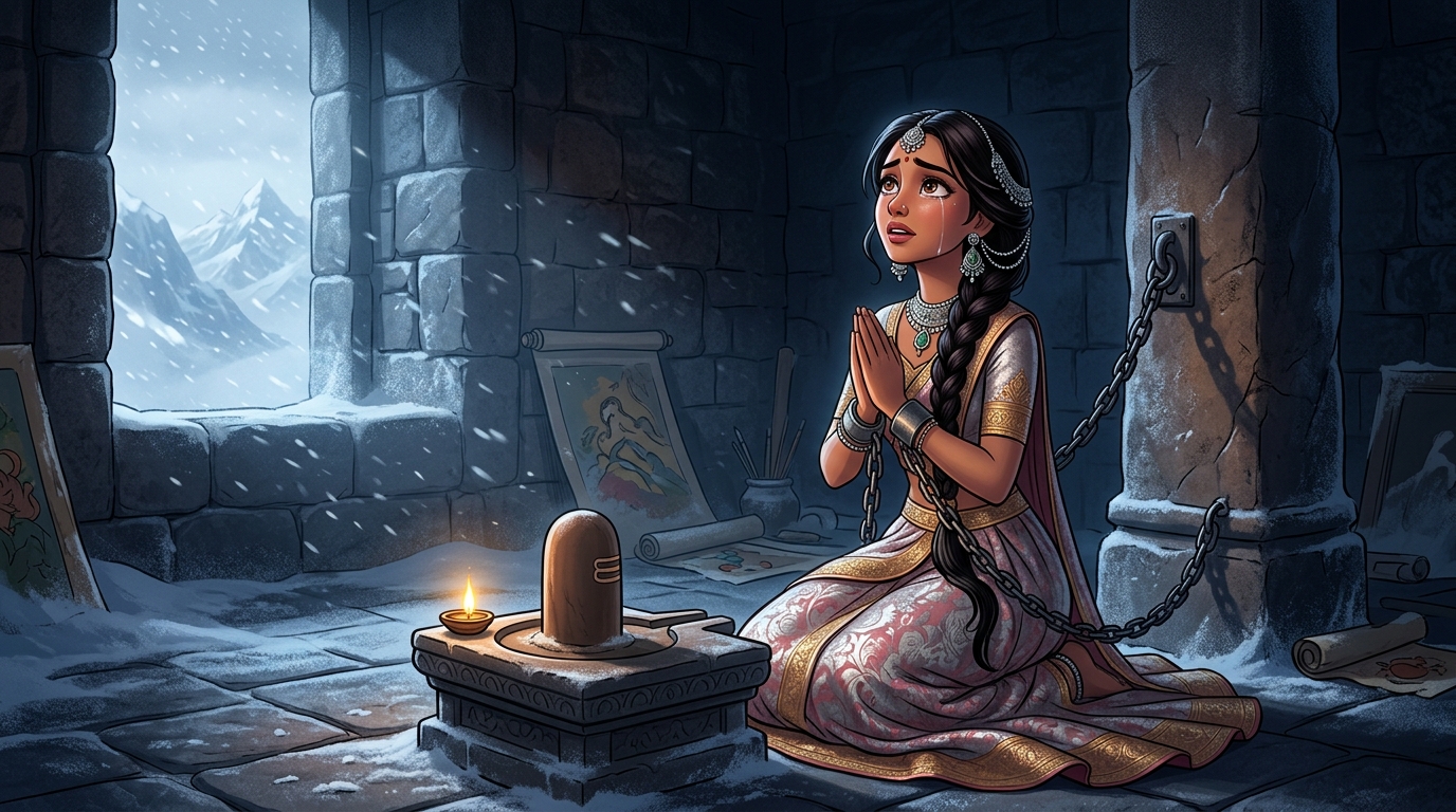 In a freezing stone watchtower, Princess Chandramukhi is chained to a pillar