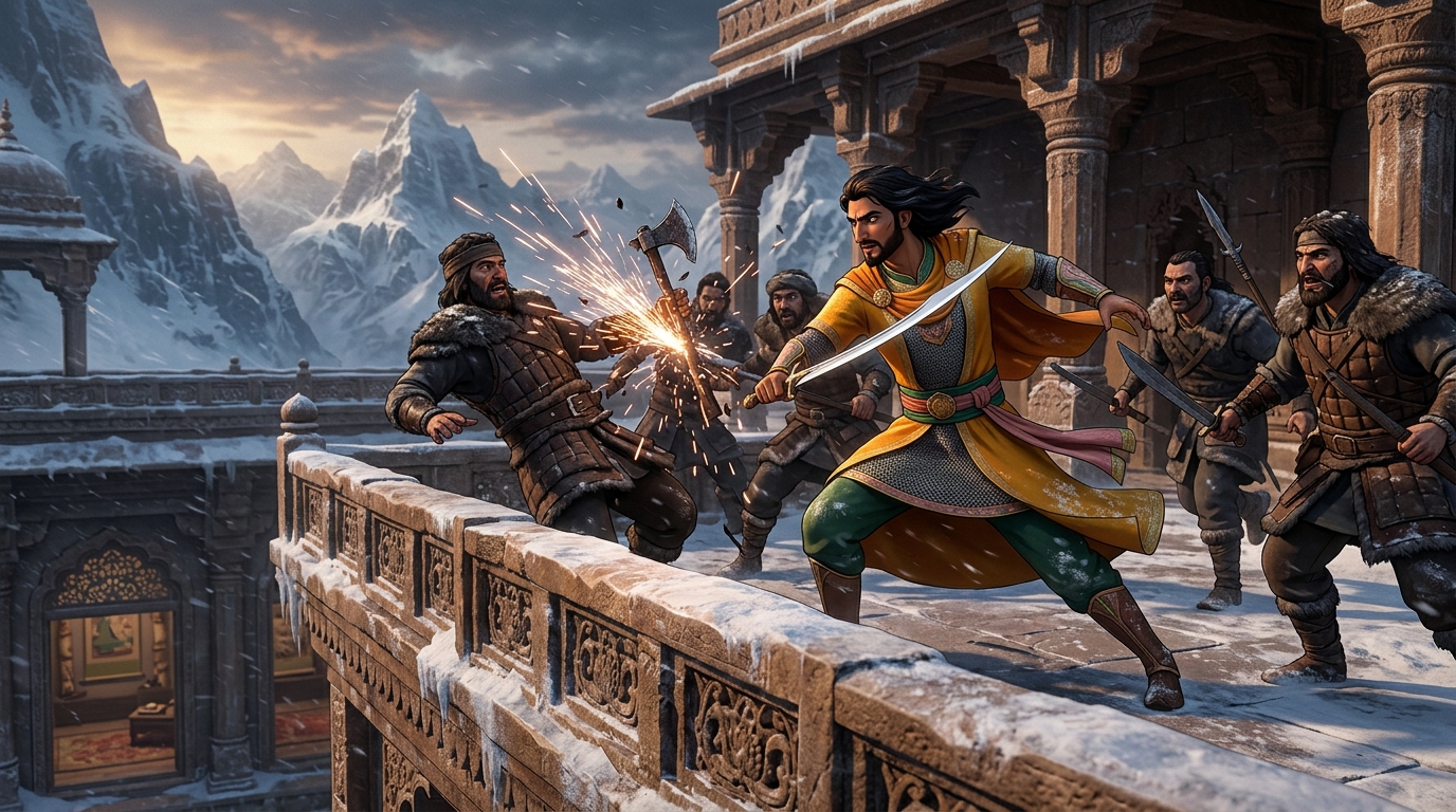Kinetic sword duel on the icy stone parapet, sparks flying as Wootz blade strikes