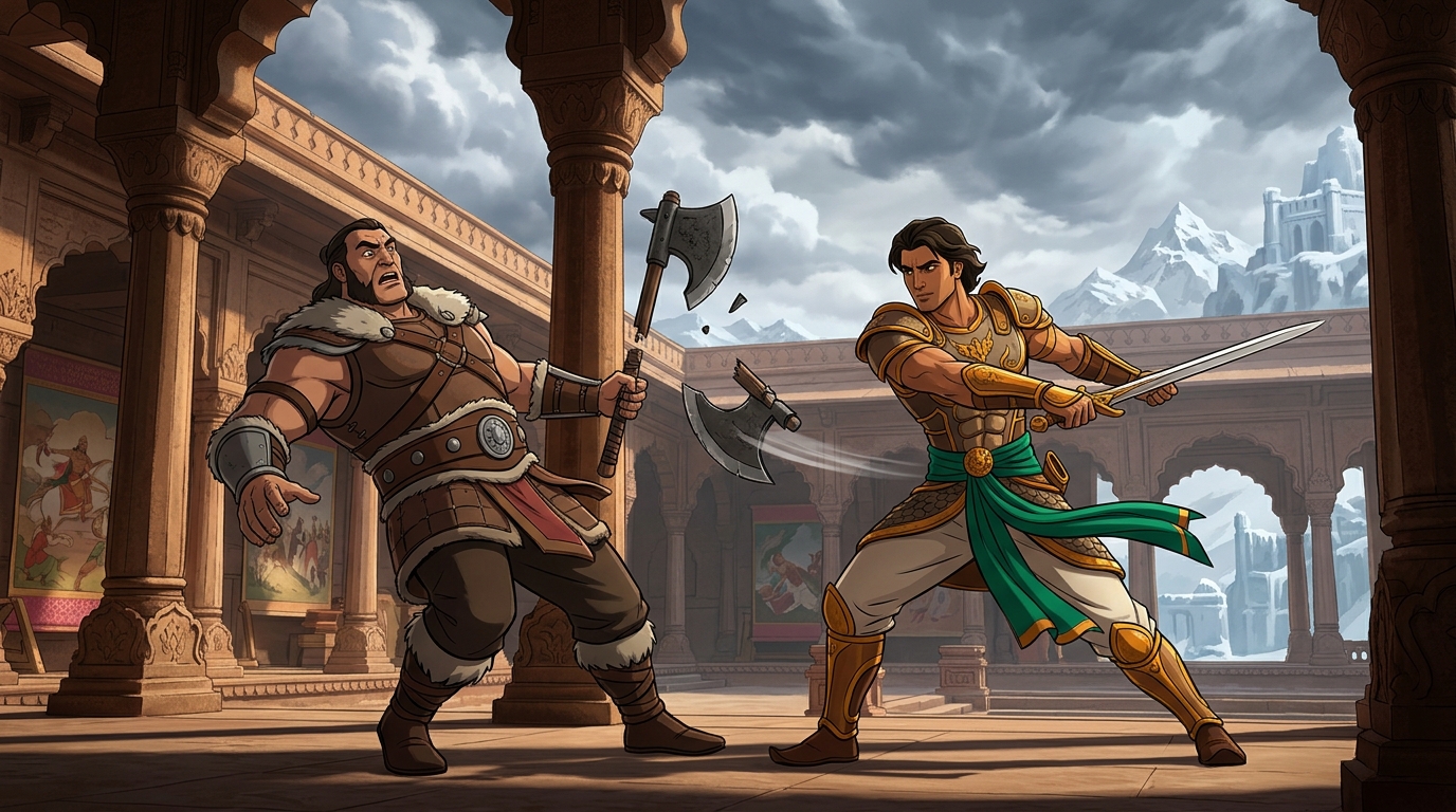 Vikramaditya cleaves the warlord's heavy axe in two, disarming and subduing Khadgadhara