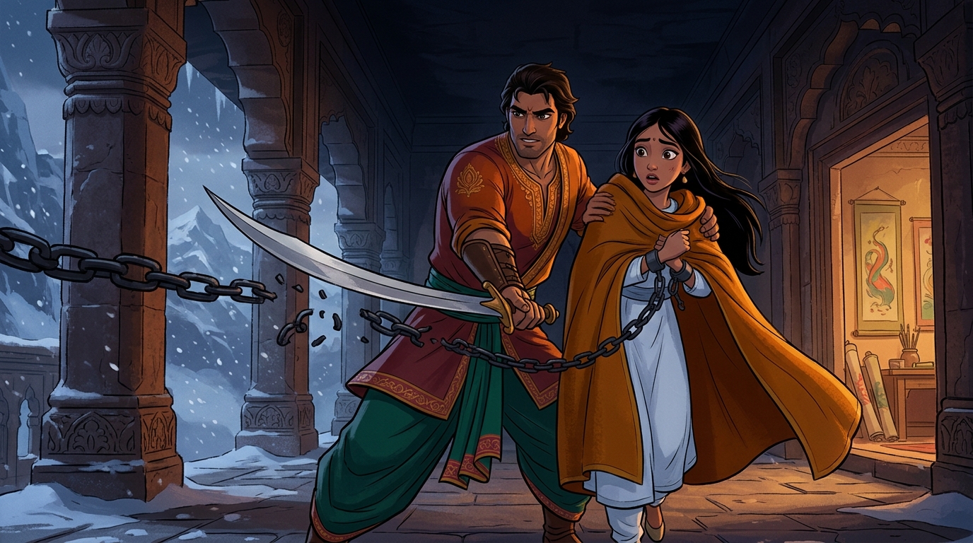 Vikramaditya slices through the princess's iron chains, wrapping his mantle around her