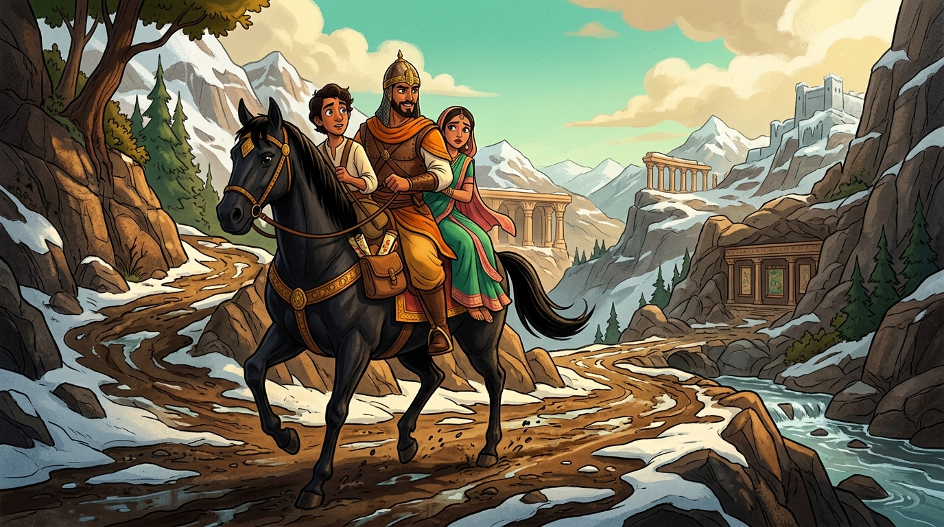 Vikramaditya guides the princess and painter safely down the thawing mountain valleys