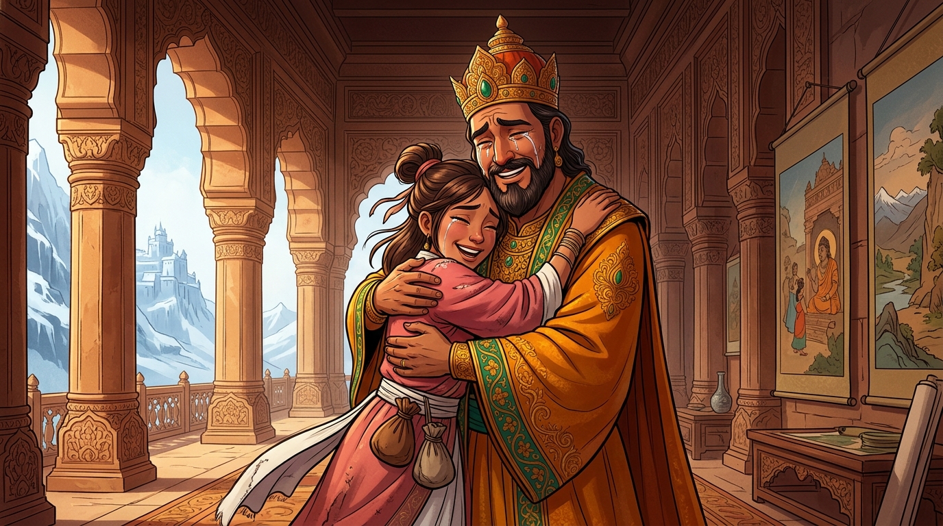 Inside the palace of Purushapura, King Sinhavardhana embraces his daughter in tears of joy
