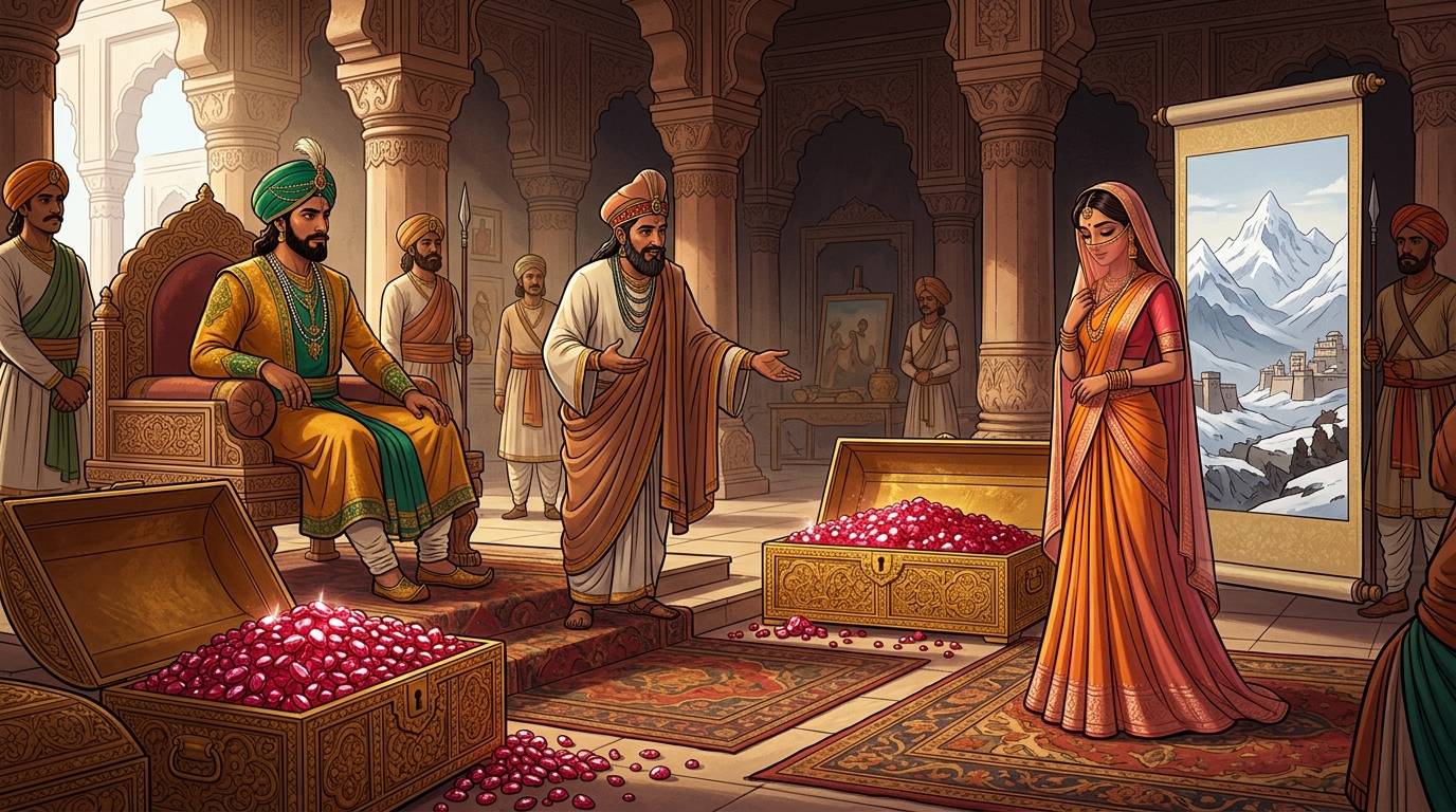 The Gandhara King offers his treasury of rubies and Princess Chandramukhi's hand in marriage