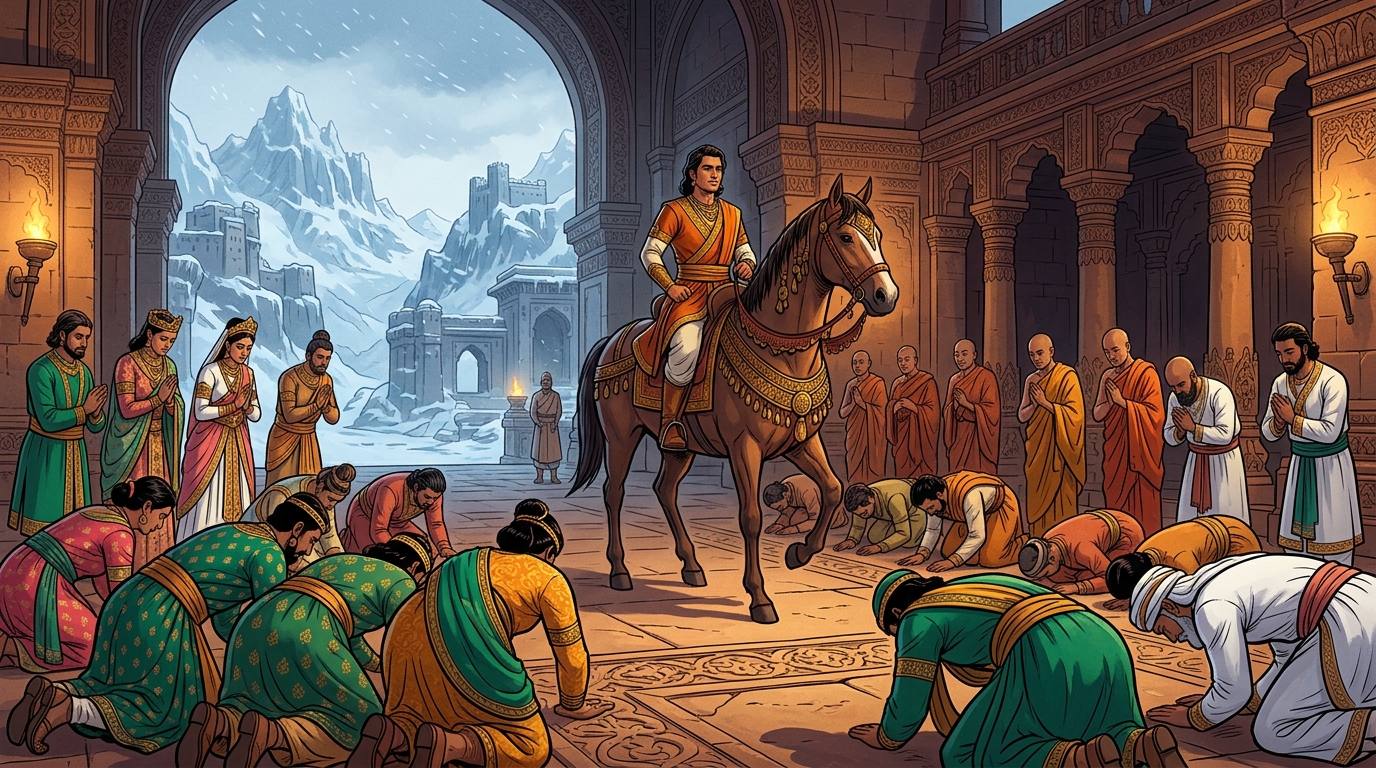 The entire court of Gandhara bows in profound reverence as Vikramaditya mounts his horse