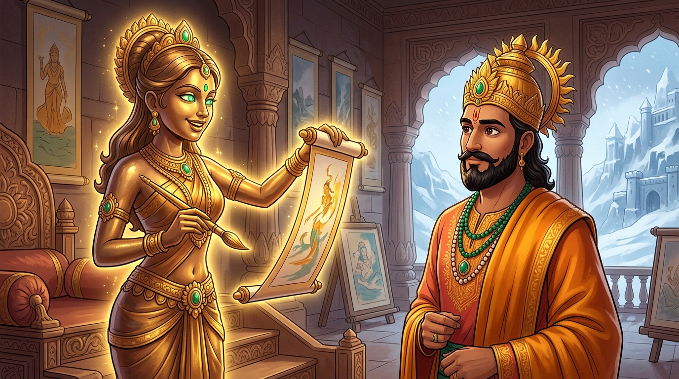 Back in Dharanagari palace, Ruparekha looks directly at King Bhoja with jade-green eyes