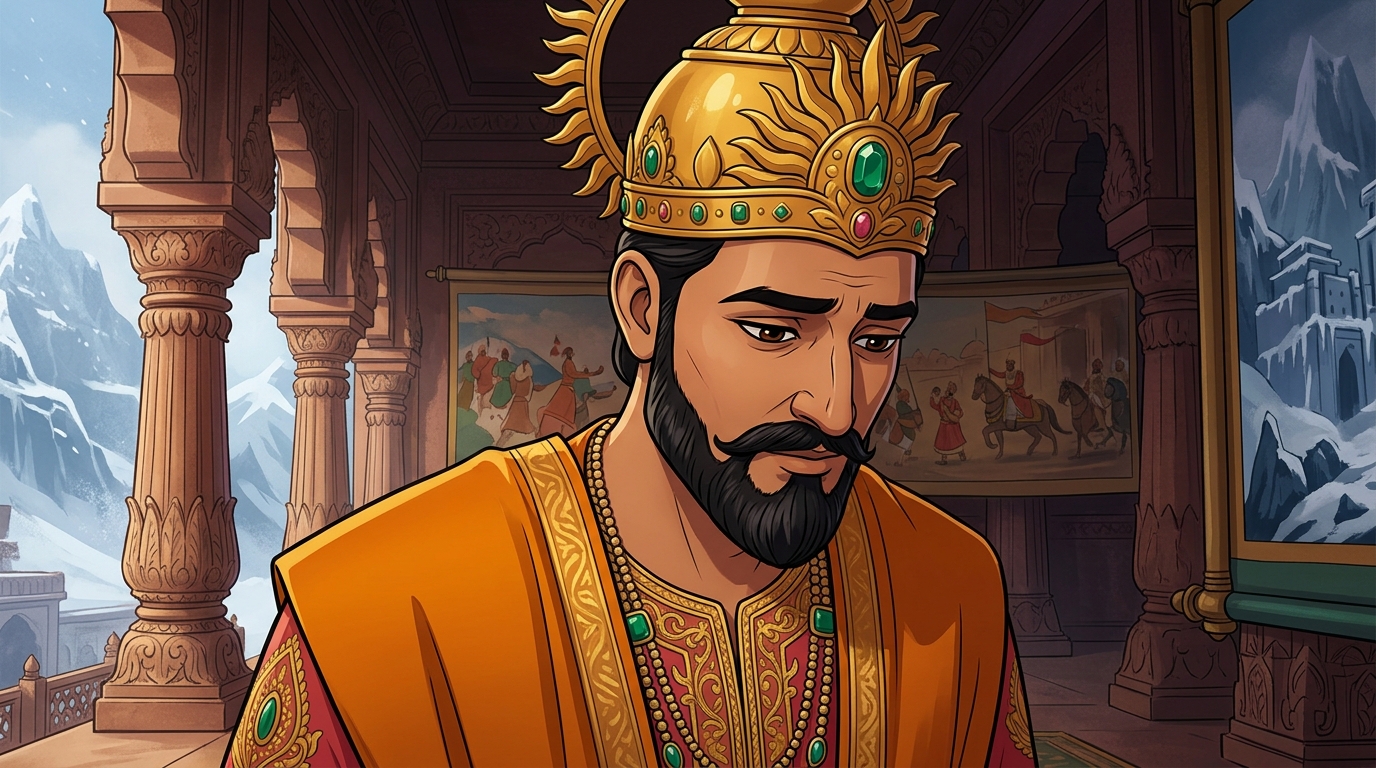 King Bhoja lowers his head in deep humility and introspection, acknowledging Vikramaditya's chivalry