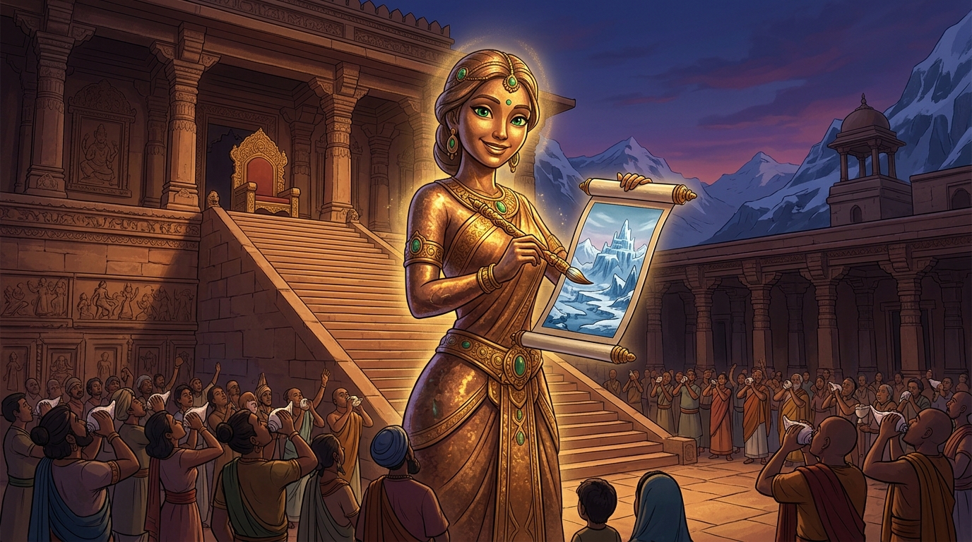 Twilight conches echo across Dharanagari as Ruparekha smiles and freezes back into silent bronze