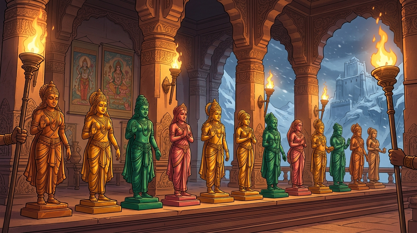 The remaining thirteen celestial statues gleam in the evening torchlight