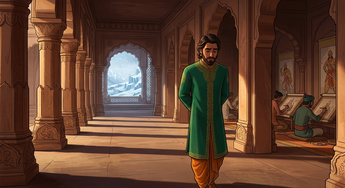 King Bhoja departs the throne hall in quiet contemplation, inspired by Vikramaditya's honor