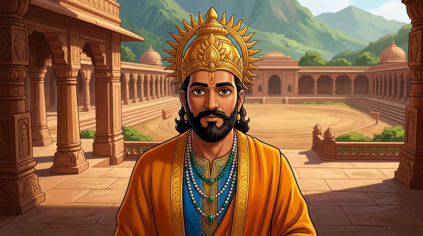 King Bhoja in sacred saffron silks approaches the twentieth step of the throne