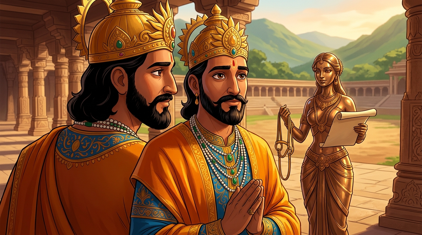 King Bhoja halts in deep reverence with folded hands, gazing at the living bronze maiden