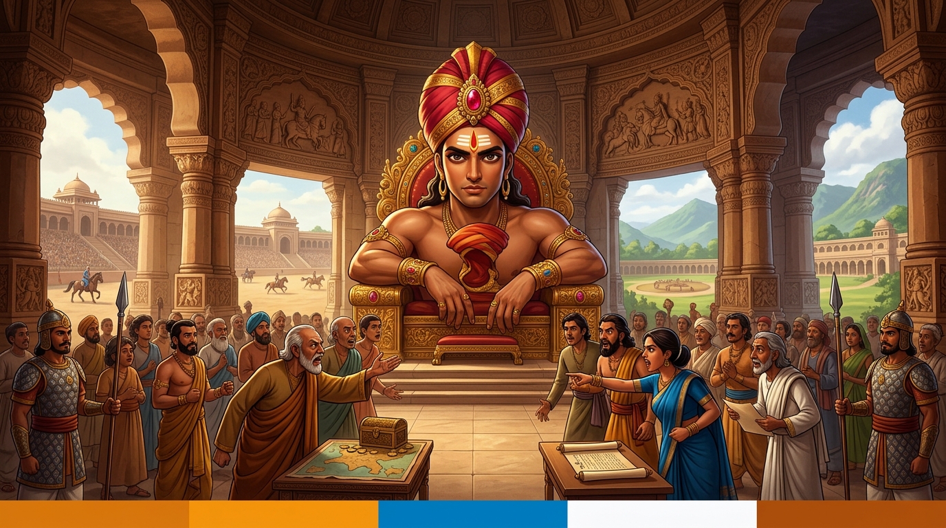 In the grand audience hall of Ujjayini, Vikramaditya presides over a heated property dispute