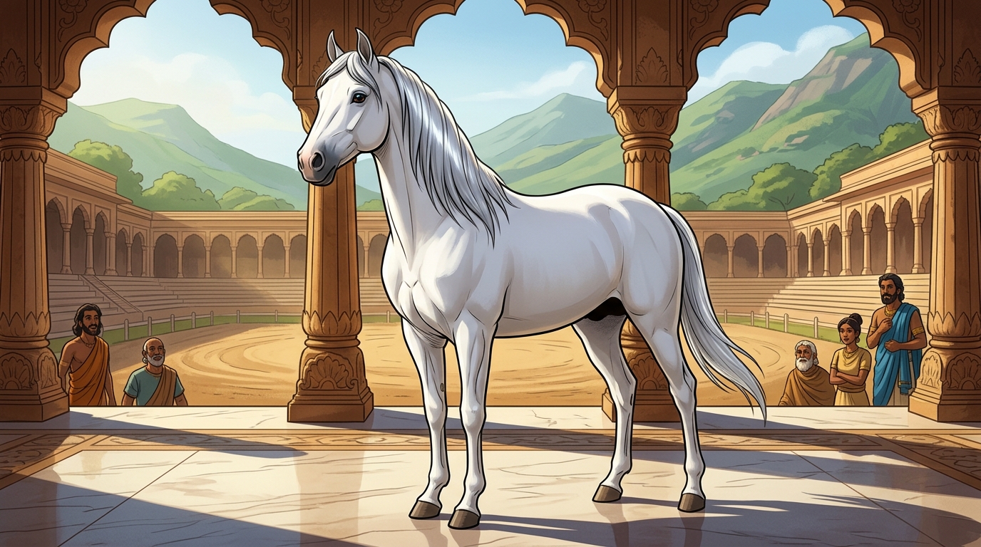 In the center of the marble court stands Shweta-Ketu, its silver mane gleaming like moonlight