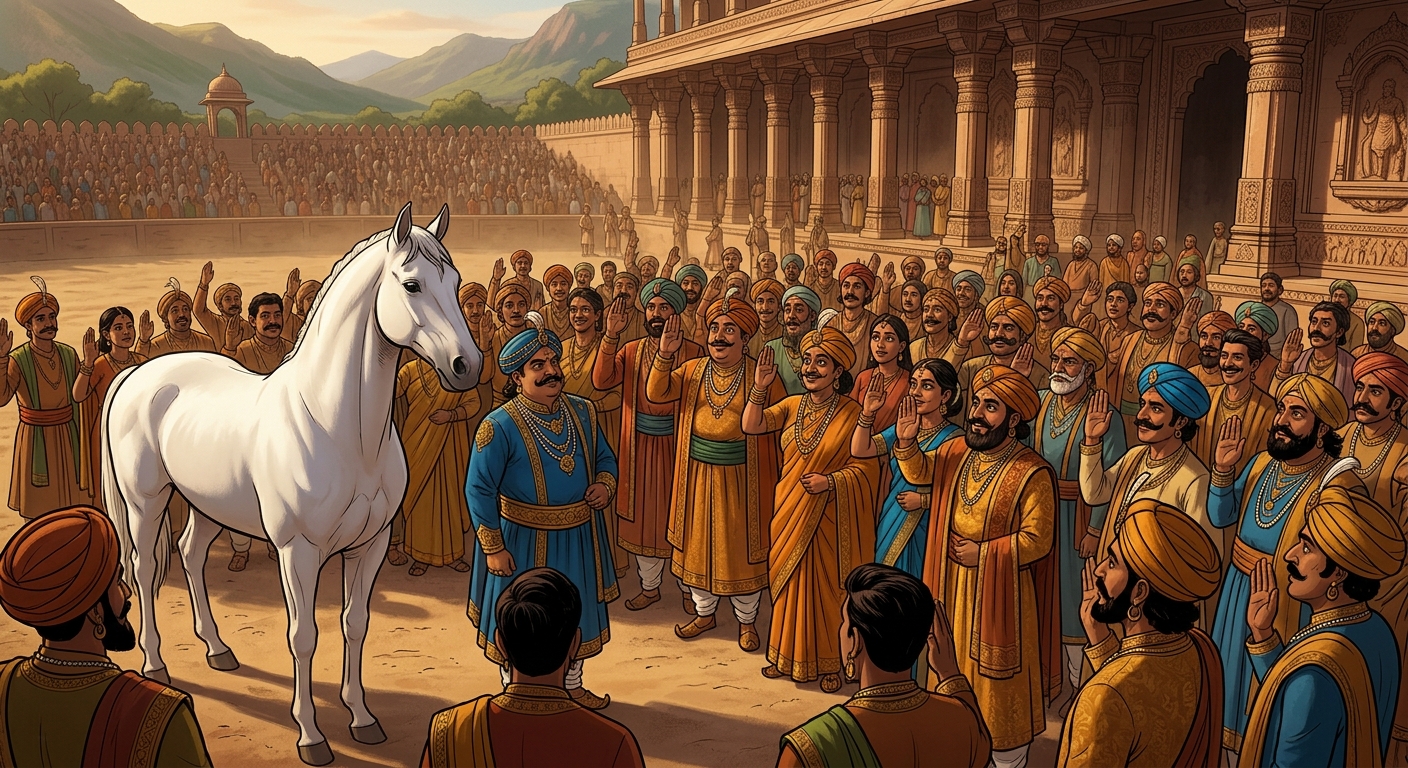 A crowd of fifty wealthy aristocrats swear false oaths that the horse belongs to the noble lord