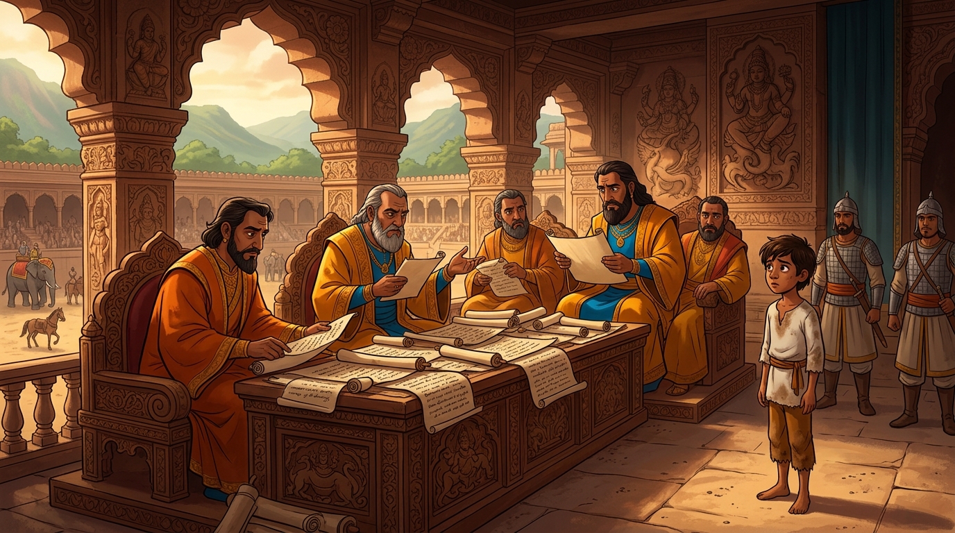 The royal magistrates prepare to sentence the stable-boy to punishment based on written scrolls
