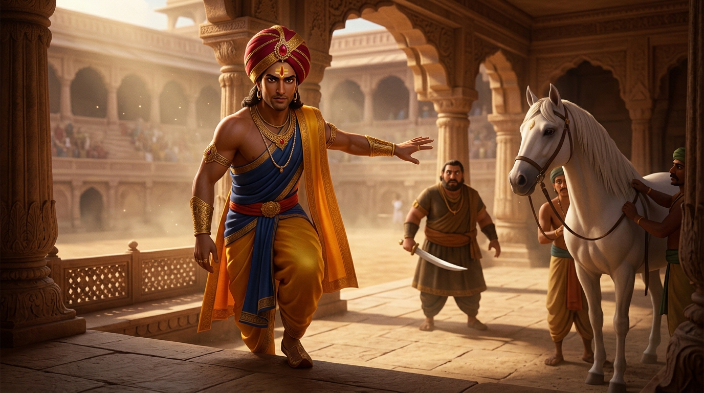 Vikramaditya raises his hand with royal authority, stepping down to examine the horse