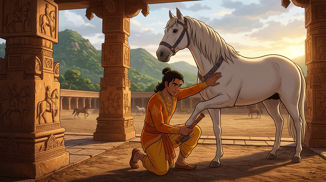Vikramaditya inspects the horse's hooves, coat, and pulse using equestrian science