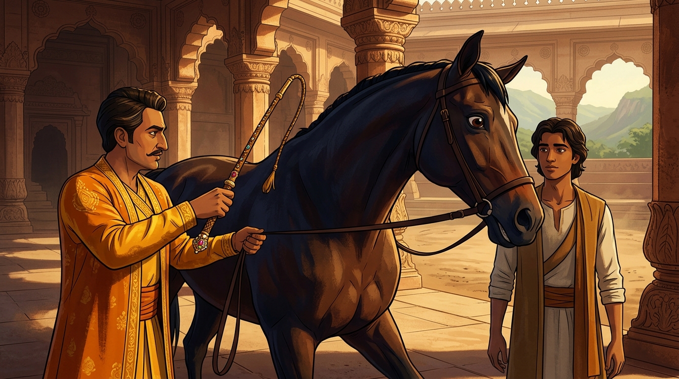 The horse flinches away from the nobleman's perfume, but its ears perk toward Somaka