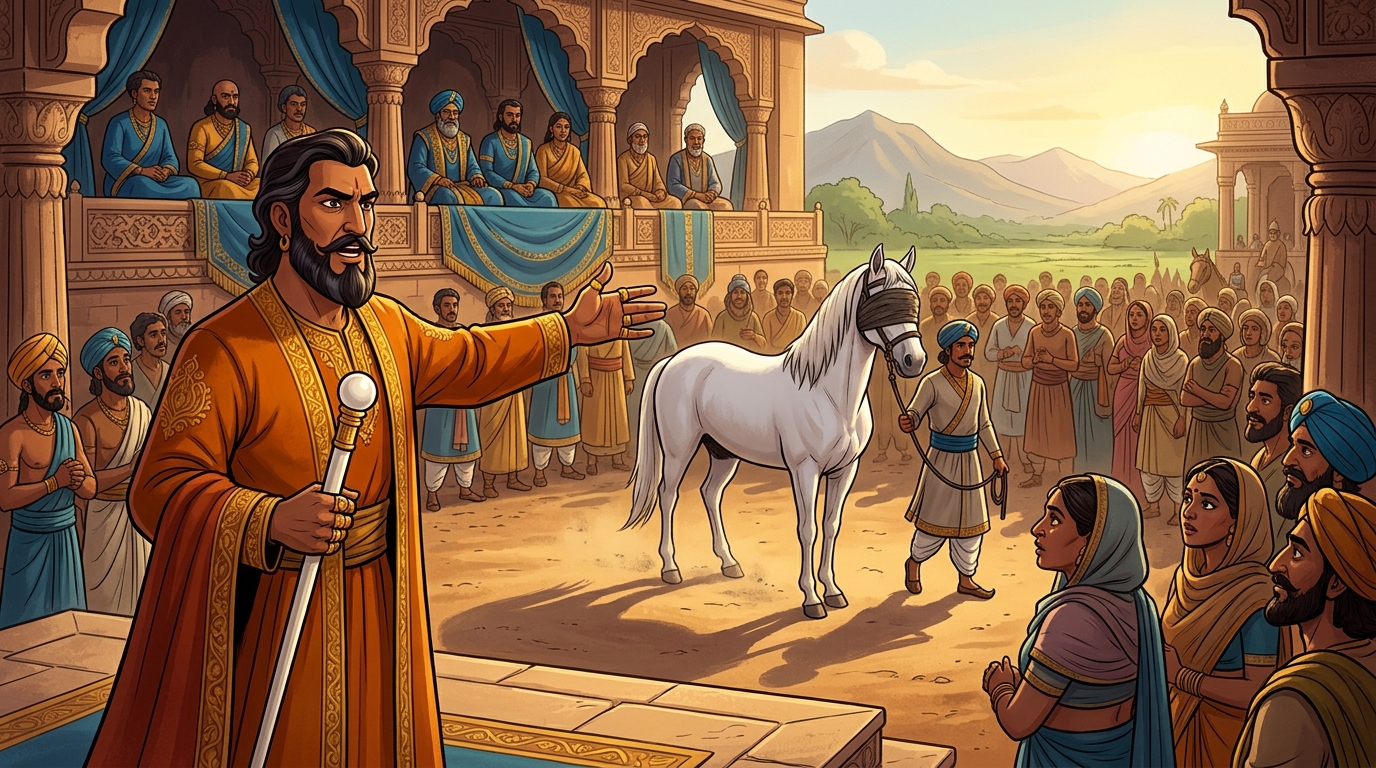Vikramaditya declares: 'We shall conduct the Blindfold Trial in the courtyard!'