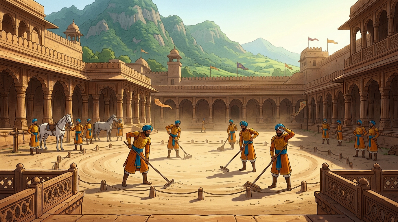 The royal guards clear a large circular dusty arena in the sunlit palace courtyard