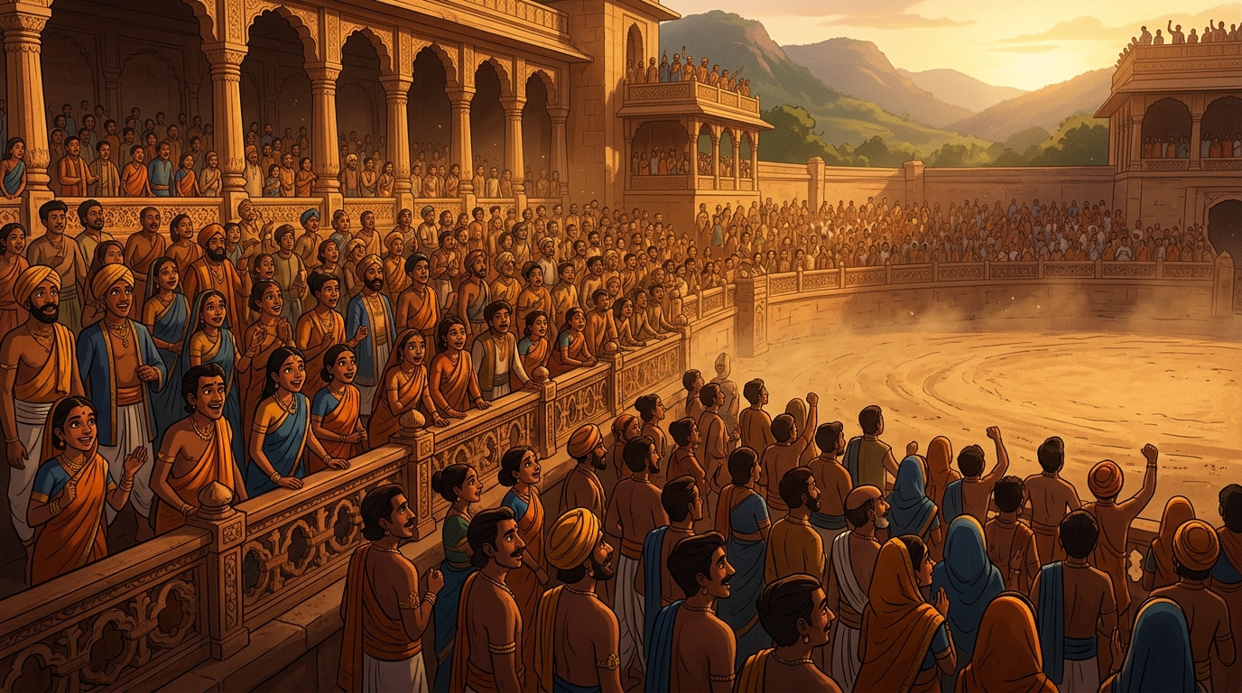 Thousands of Ujjayini citizens and courtiers gather around the arena rails