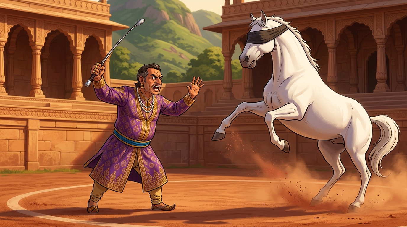 Lord Vrishabhadatta steps into the ring, shouting commands; the stallion rears up aggressively