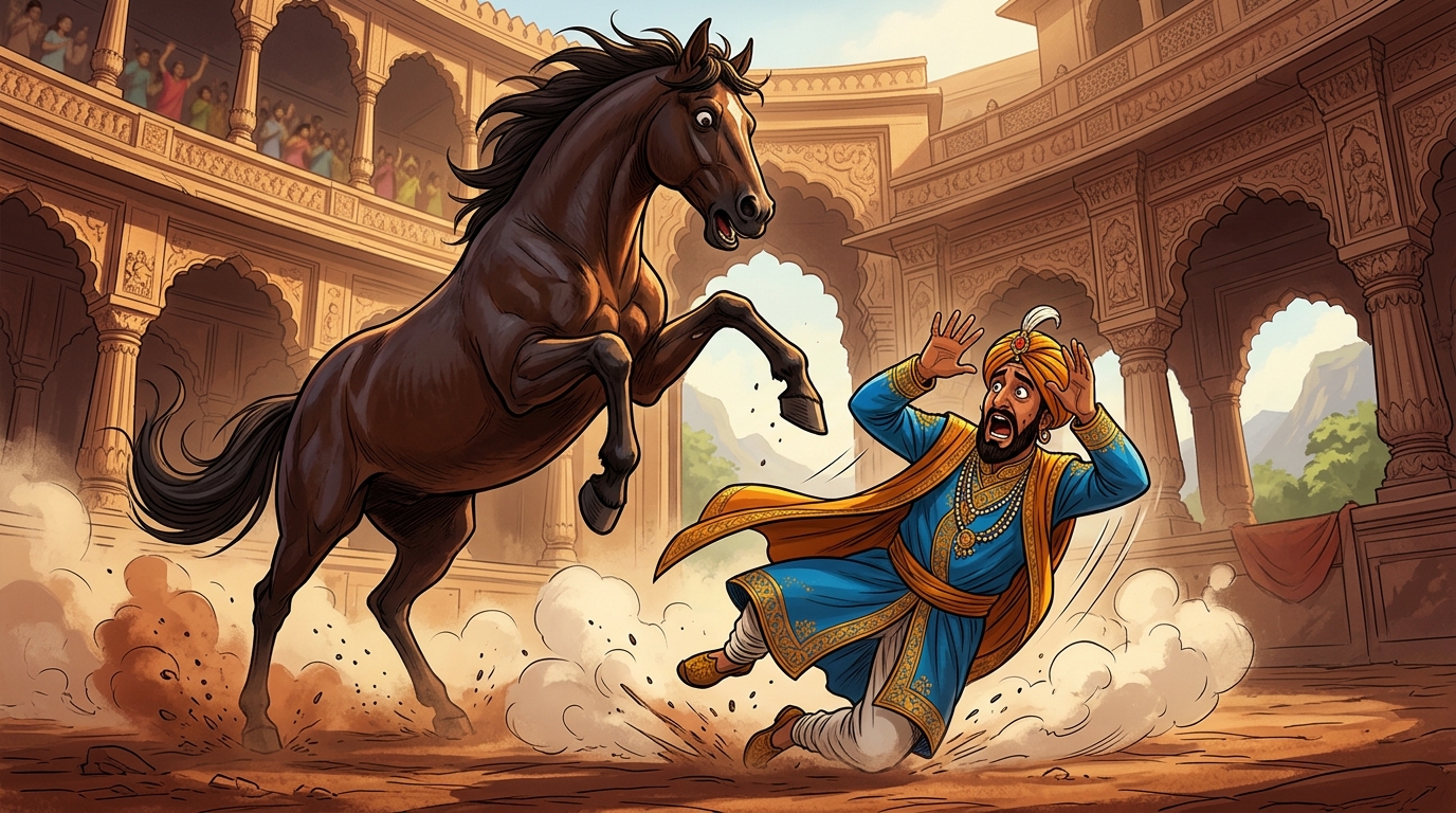 The arrogant nobleman stumbles backwards into the dust, terrified of being trampled
