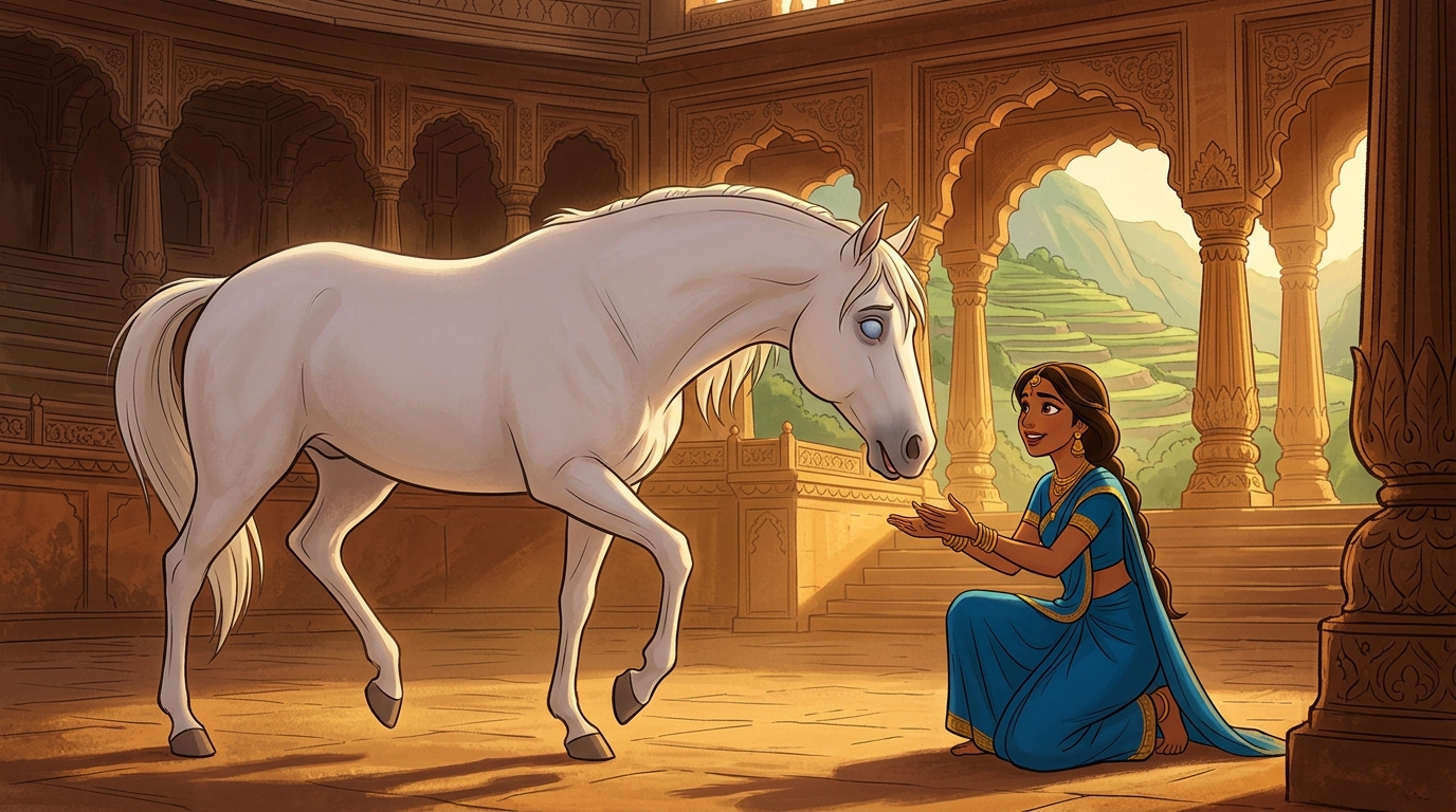 Hearing the soft voice, the blinded stallion instantly lowers its head, whinnying softly