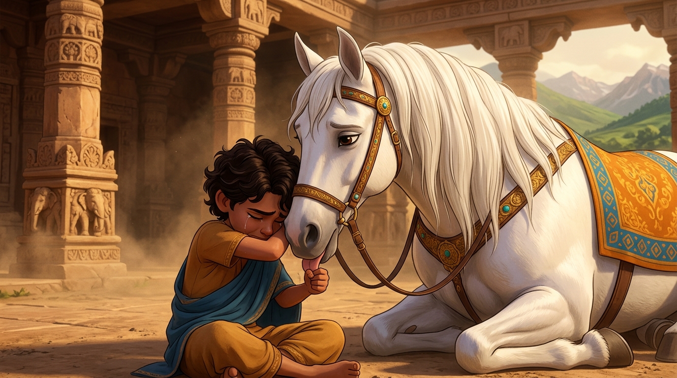 The white horse rests its head against the weeping boy's shoulder, licking his hands
