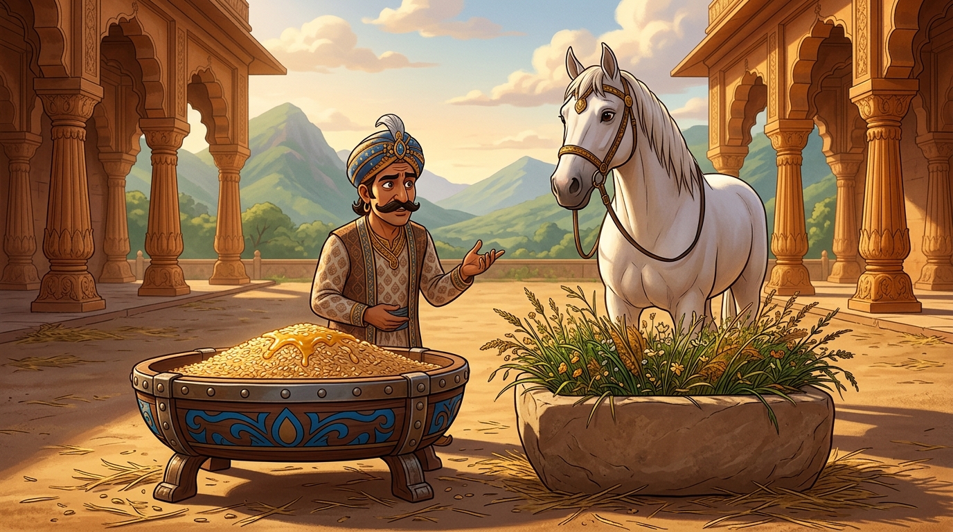 Vikramaditya places two troughs: the noble's honeyed grain vs. Somaka's mountain grass