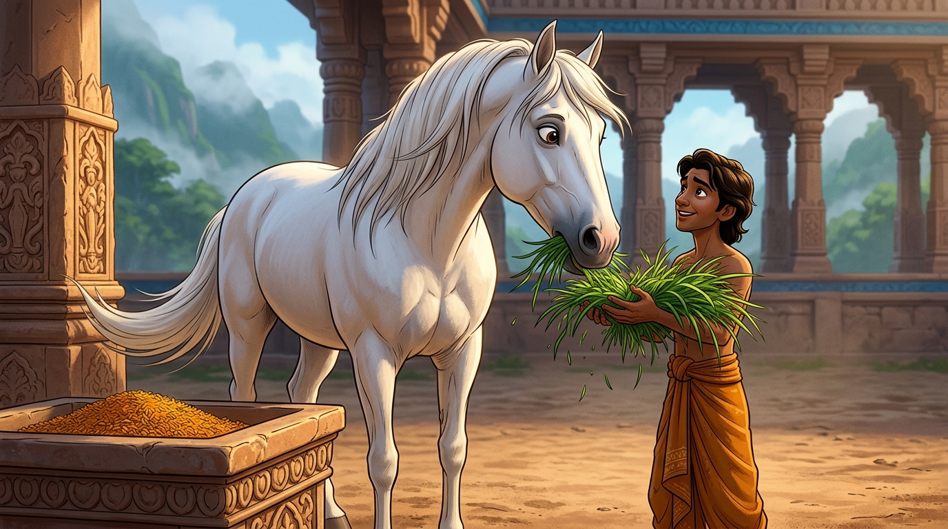 The horse ignores the rich grain, eagerly eating the sweet mountain grass from Somaka's hands
