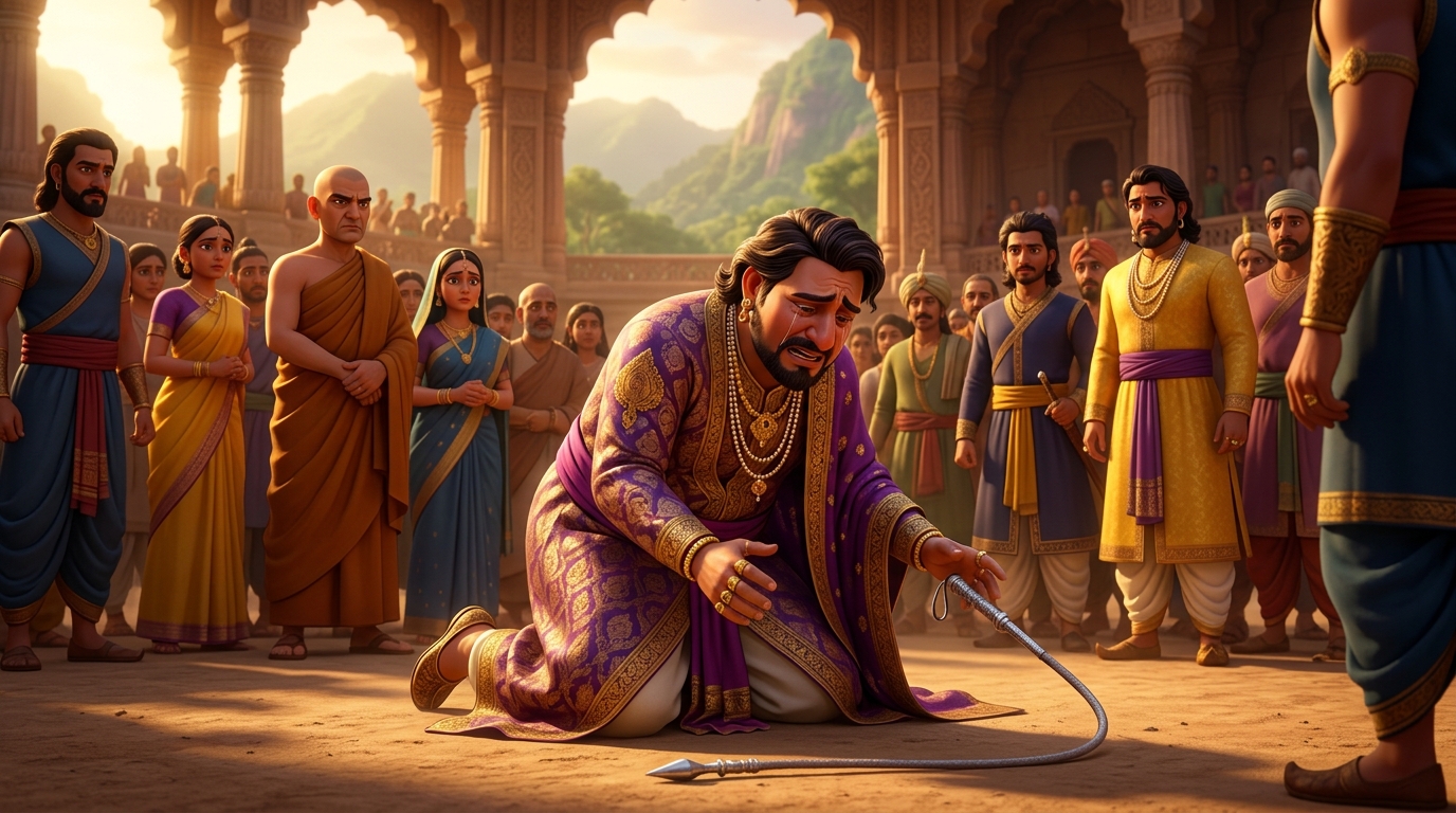 Caught by animal truth, Lord Vrishabhadatta falls to his knees, confessing his plot