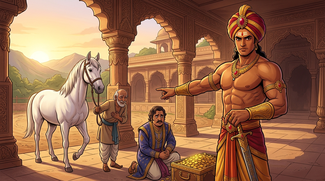 Vikramaditya restores the horse to Somaka, fining the corrupt lord ten thousand gold dinars
