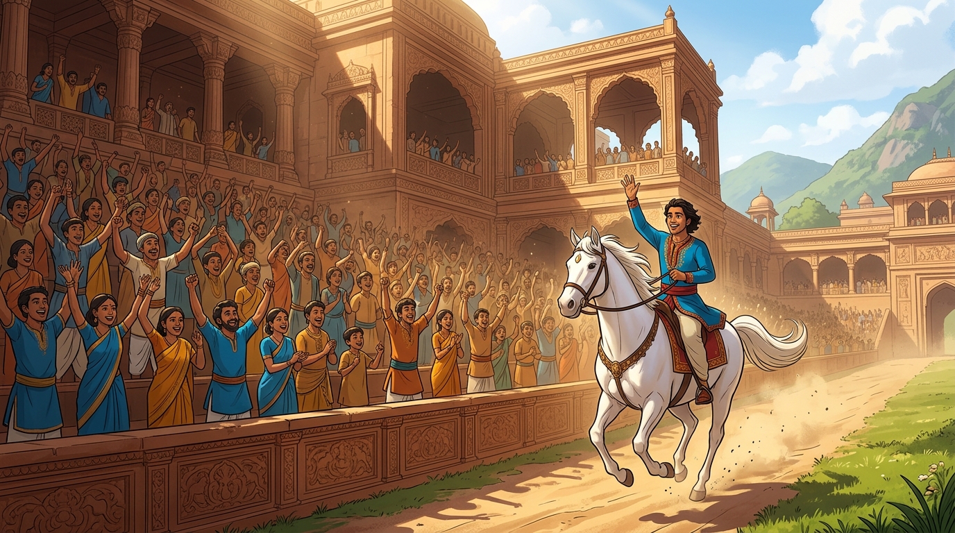 The crowd erupts in cheers as Somaka rides his liberated white stallion around the palace arena