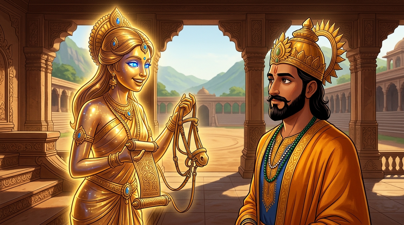 Back in Dharanagari palace, Jnanavati looks directly at King Bhoja with sapphire-blue eyes