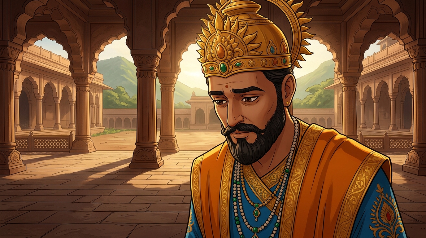 King Bhoja lowers his head in deep humility and introspection, acknowledging Vikramaditya's wisdom