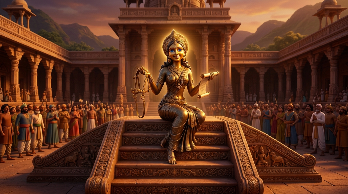 Twilight conches echo across Dharanagari as Jnanavati smiles and freezes back into silent bronze