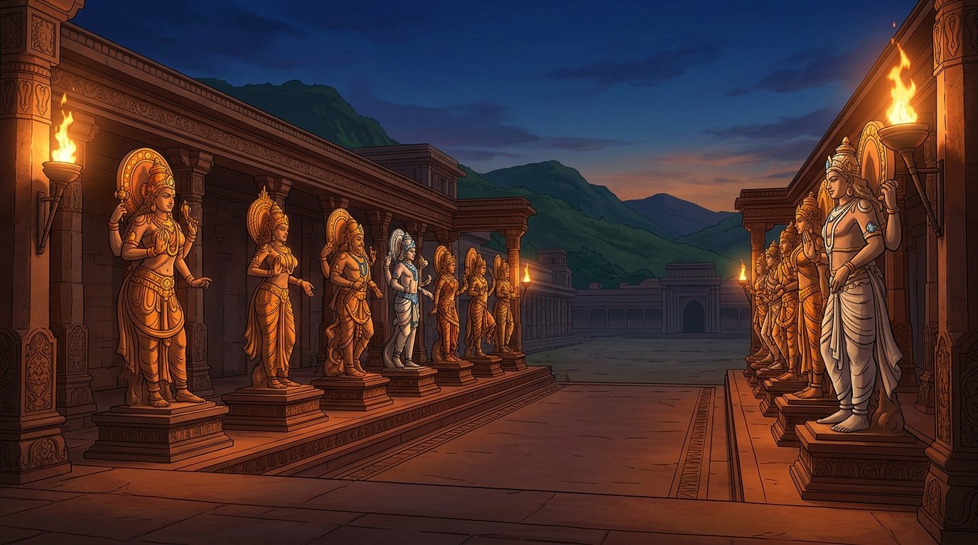 The remaining twelve celestial statues gleam in the evening torchlight