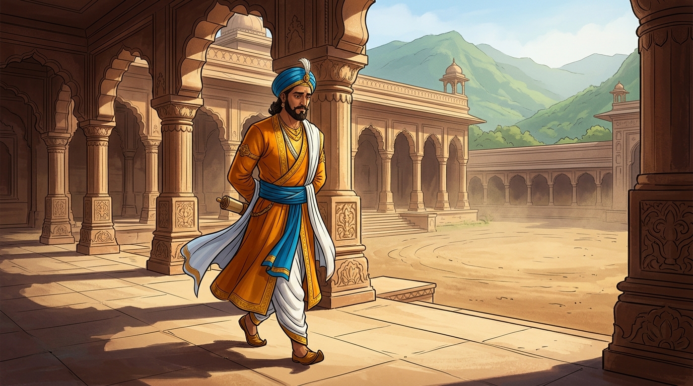 King Bhoja departs the throne hall in quiet contemplation, inspired by Vikramaditya's justice