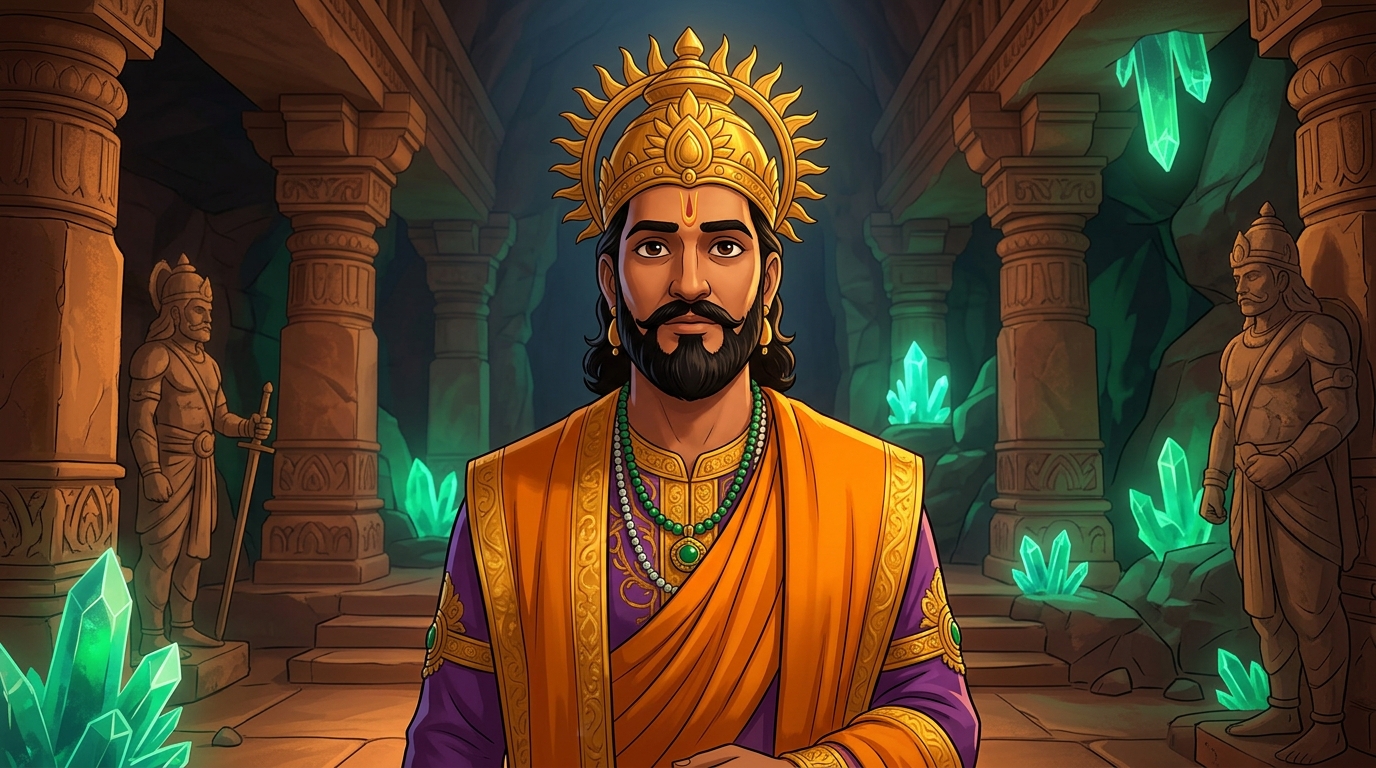 King Bhoja in sacred saffron silks approaches the twenty-first step of the throne